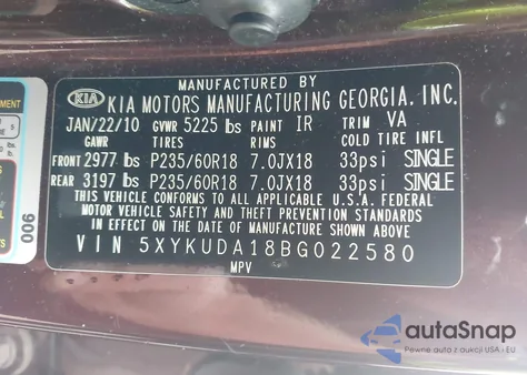 2011 Kia Sorento Ex z USA, uszkodzony, nr VIN 5XYKUDA18BG022580